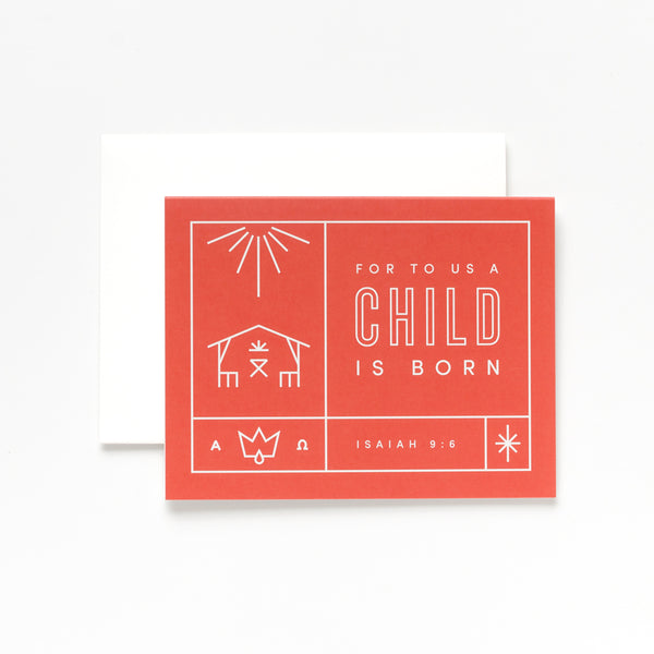 A Child Is Born, Bright Red Christmas Greeting Card